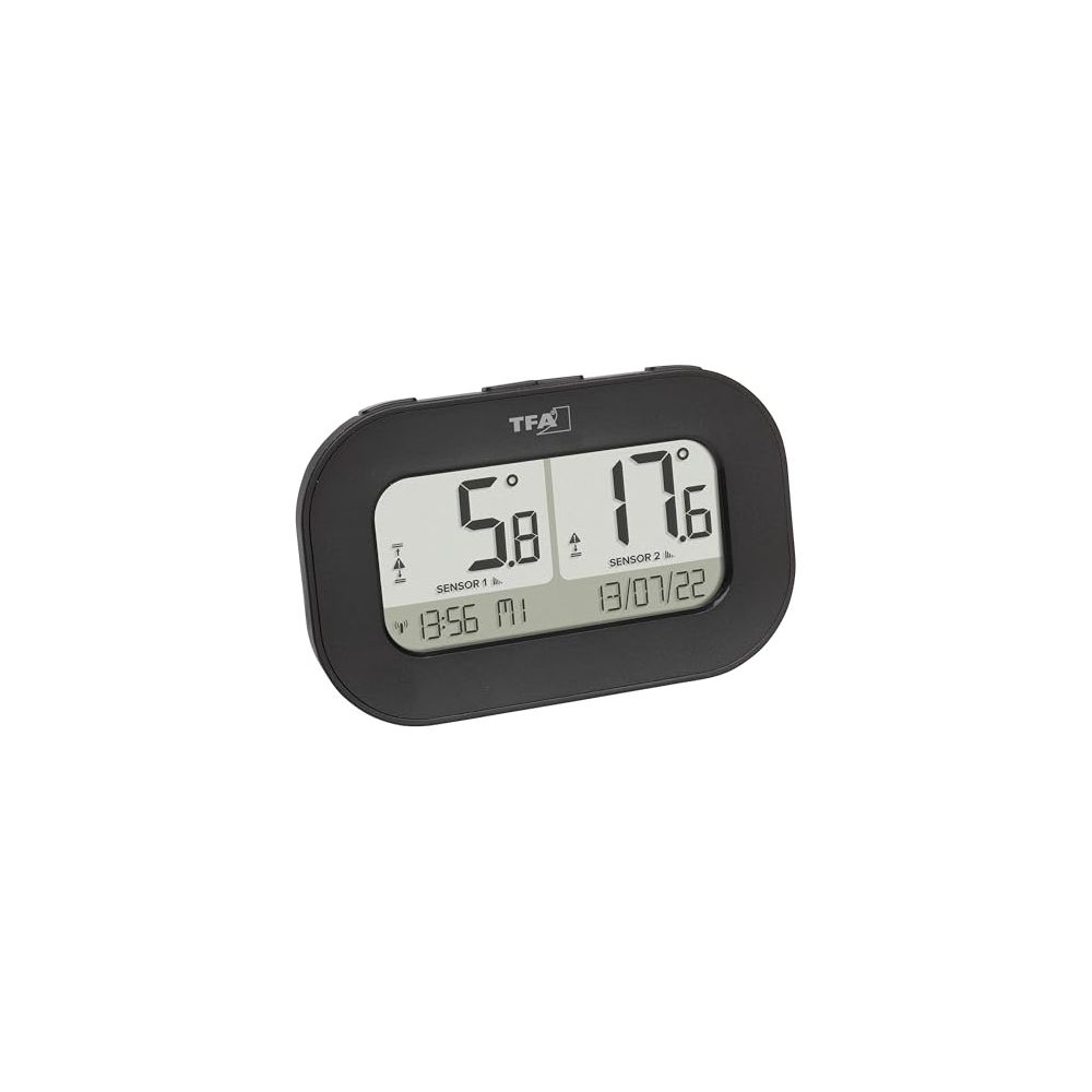 Digitales Thermometer zeigt 5,8 und 17,6 Grad an. Aktuelle Zeit 13:56, Datum 13/07/22.