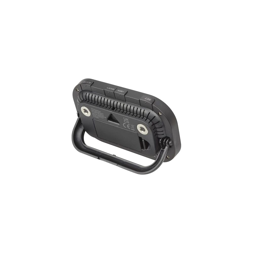 Schwarzes Digitalthermometer mit Ständer und Tasten: ALARM, MIN/MAX, SET.