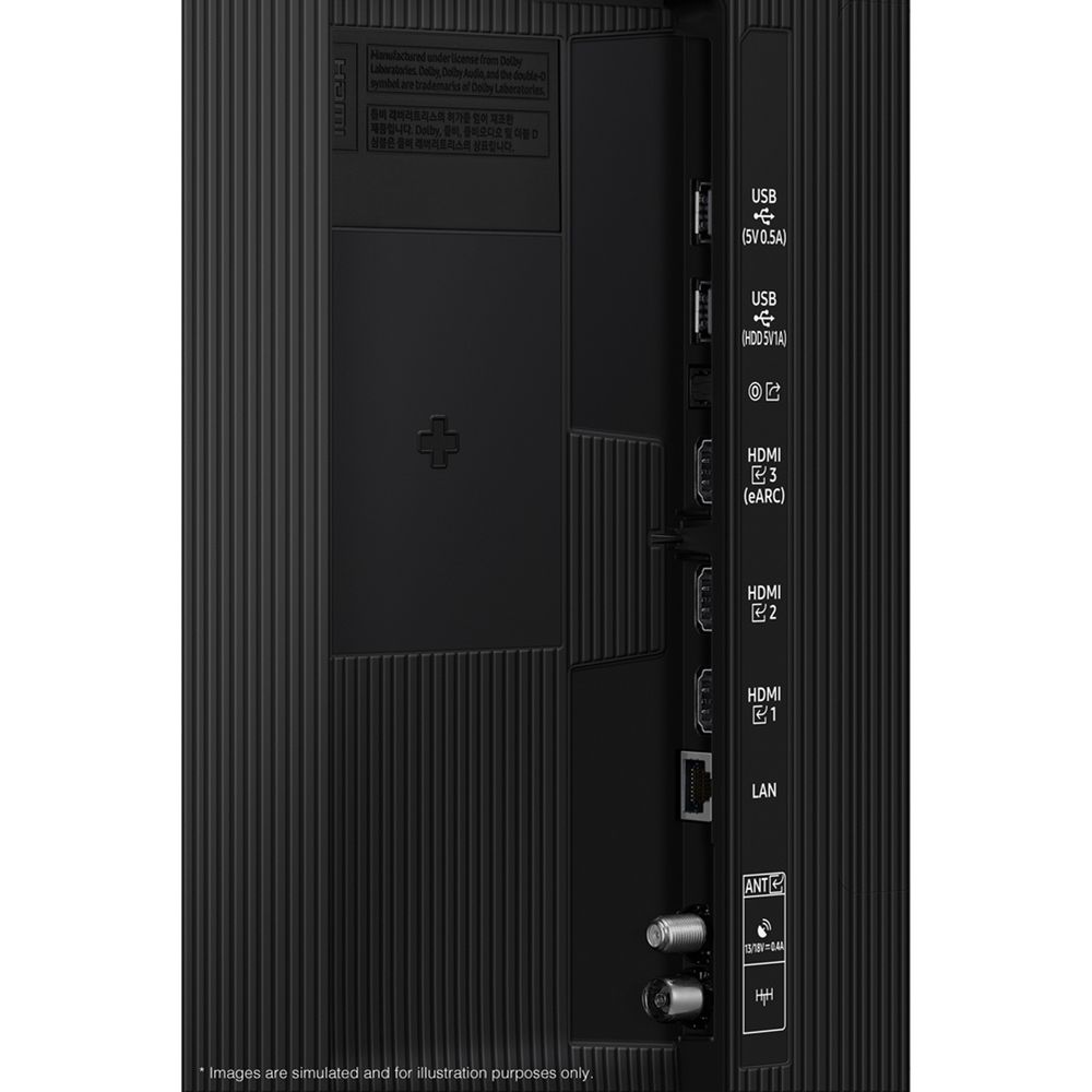 Achterkant tv met poorten: USB, HDMI, LAN en antenne.