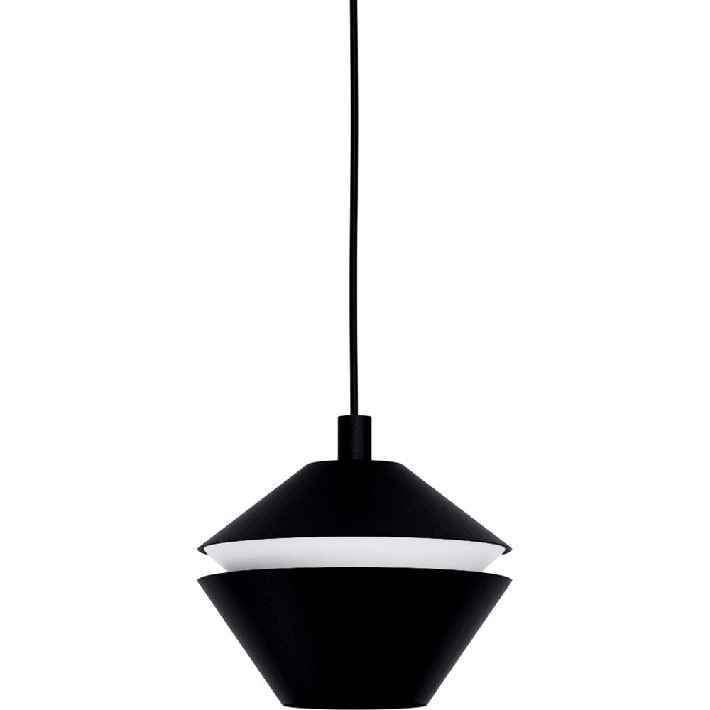 Lampada a sospensione nera con fascia bianca, appesa a un cavo.
