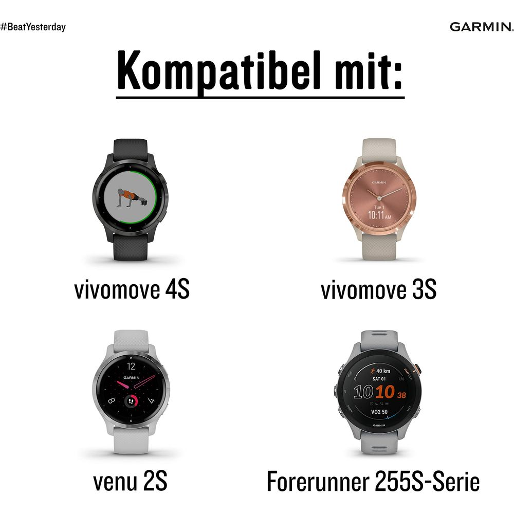 Cztery zegarki Garmin: Vivomove 4S, Vivomove 3S, Venu 2S, Forerunner 255S.