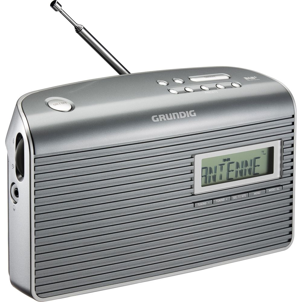 Srebrne radio Grundig z wysuniętą anteną i ekranem LCD.