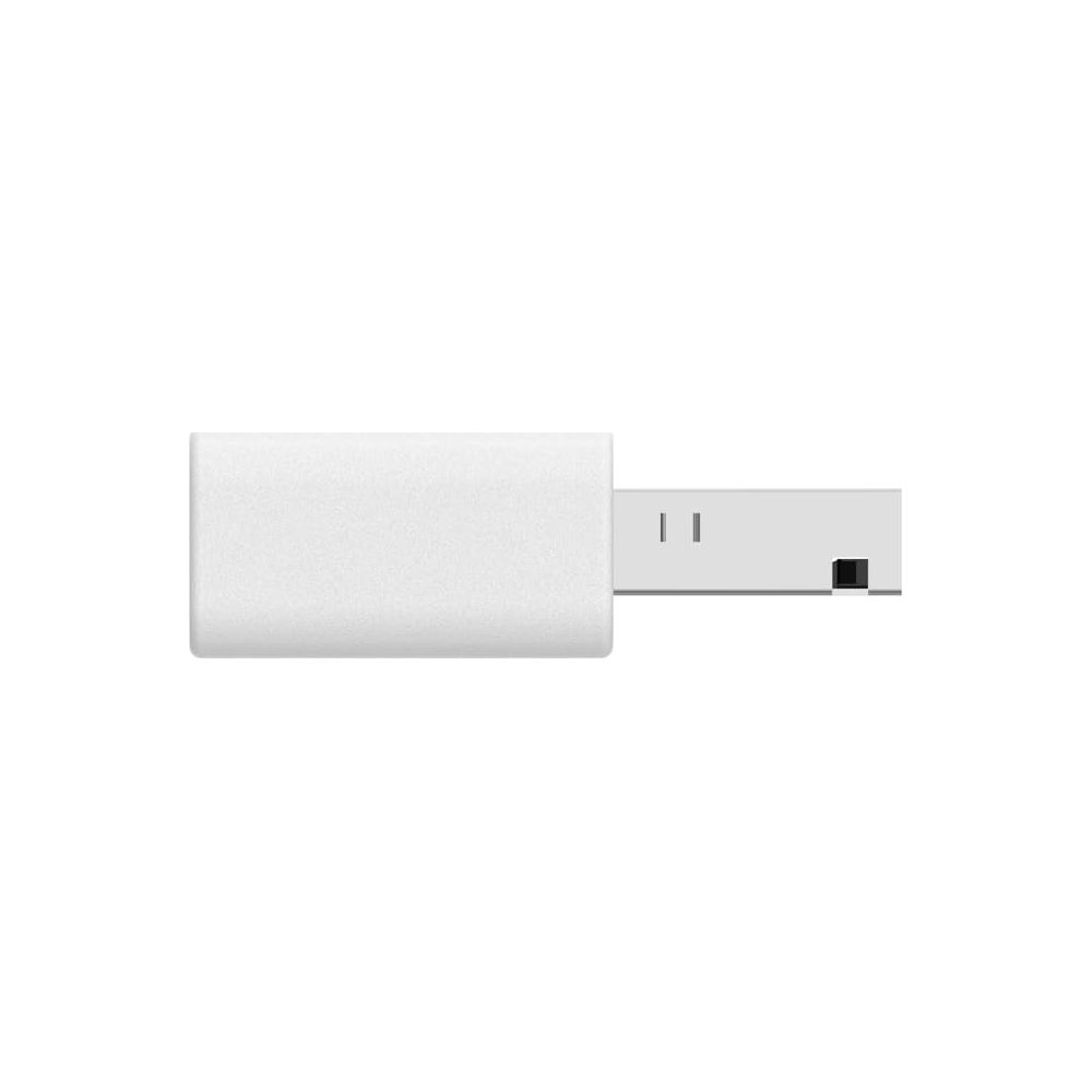 Ein weißer USB-Dongle mit zwei kleinen Markierungen auf der Oberseite.