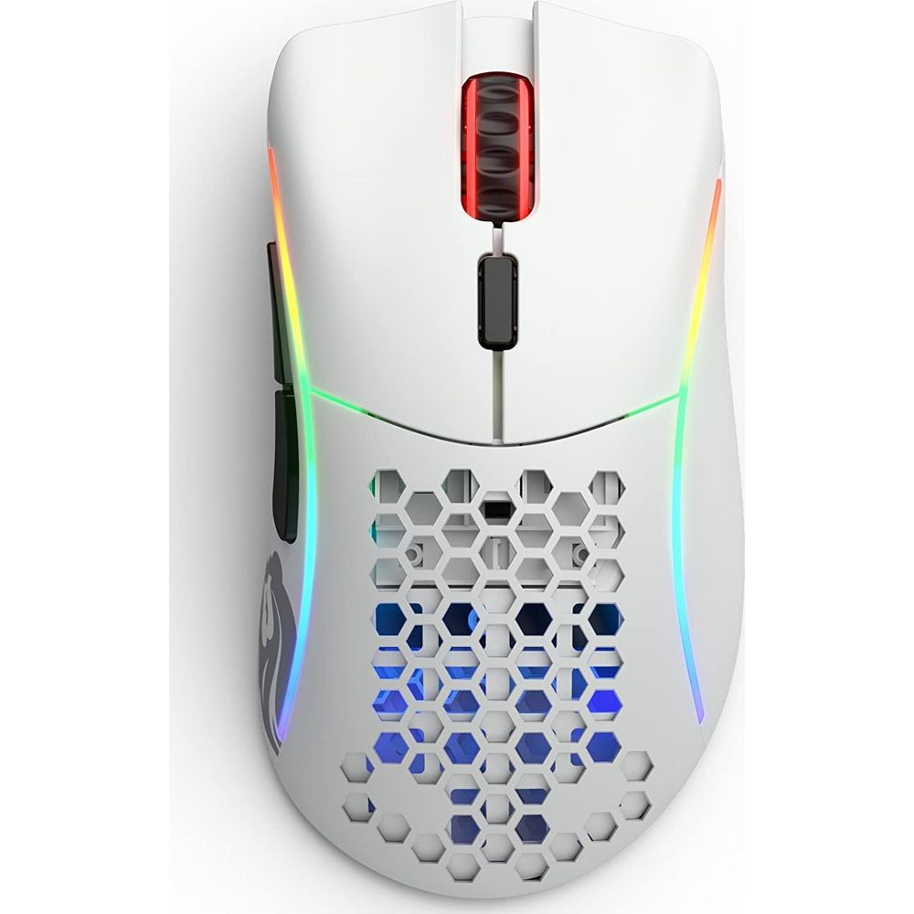 Biała mysz gamingowa z podświetleniem RGB i wzorem plastra miodu.