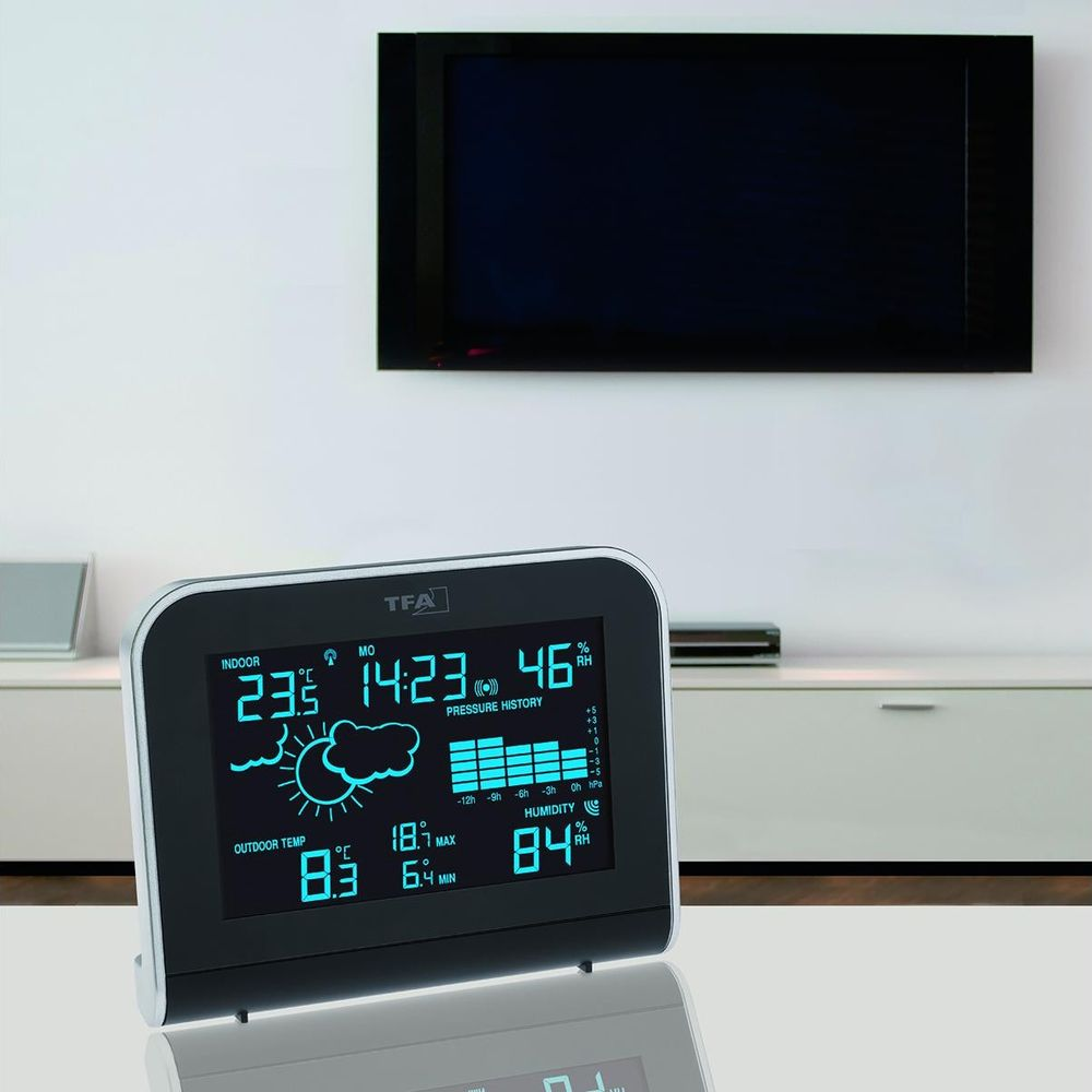Digitale Wetterstation mit Innentemperatur 23,5°C, Uhrzeit 14:23, Luftfeuchtigkeit 46%, Außentemperatur 8,3°C.