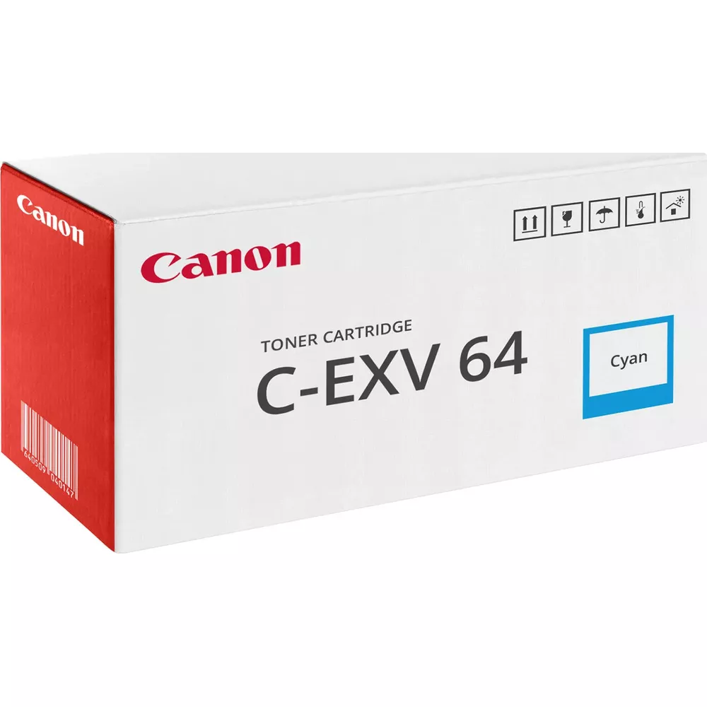 Toner Canon C-EXV 64 Cyan w białym pudełku z czerwonymi i niebieskimi akcentami.