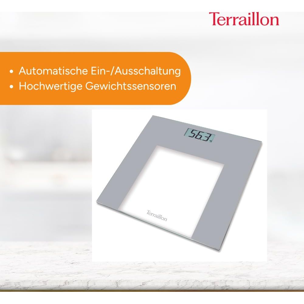 Szara waga Terraillon z cyfrowym wyświetlaczem 56,3 kg.