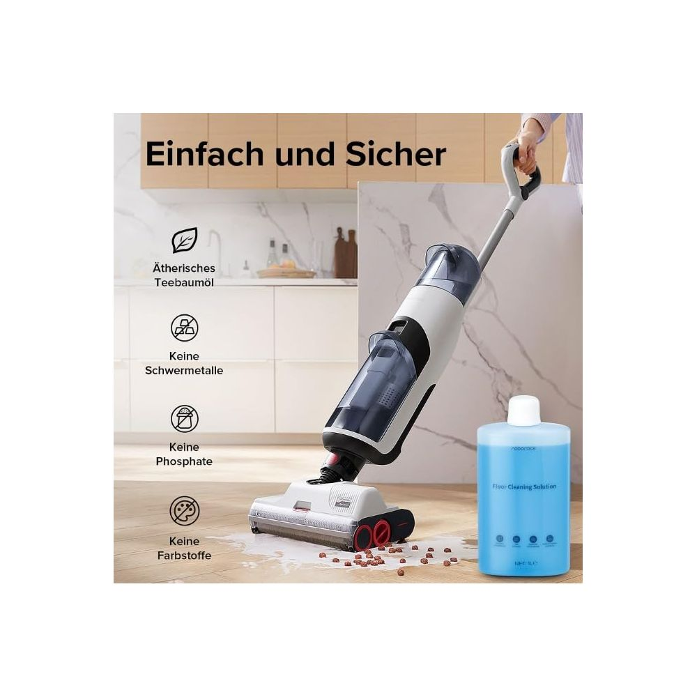 Ein Bodenreiniger mit Reinigungslösung in einem modernen Haushalt.