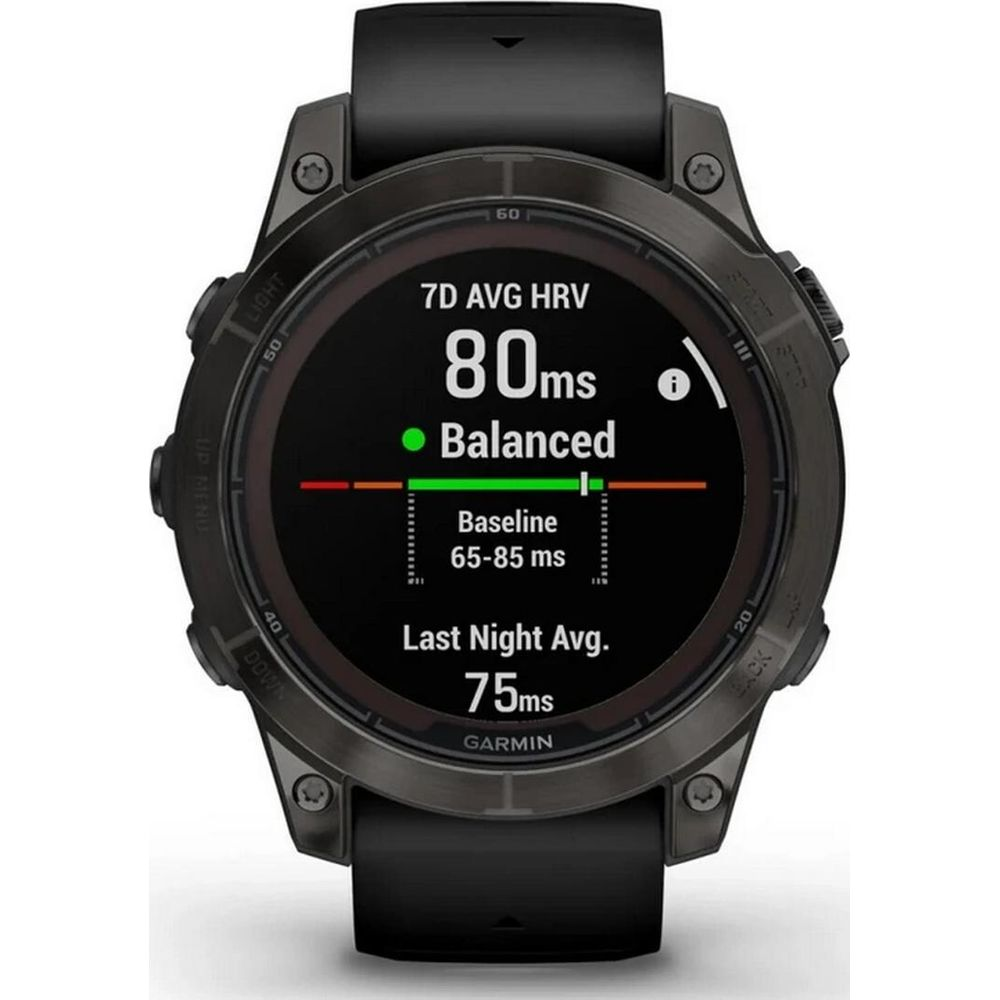 Tarcza zegarka Garmin pokazuje 7D AVG HRV na 80ms, zrównoważony, linia bazowa 65-85ms.