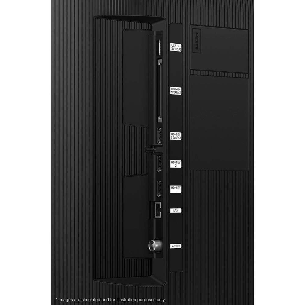 Pannello posteriore TV nero con porte: USB, Common Interface, 3 HDMI, LAN, ANT.