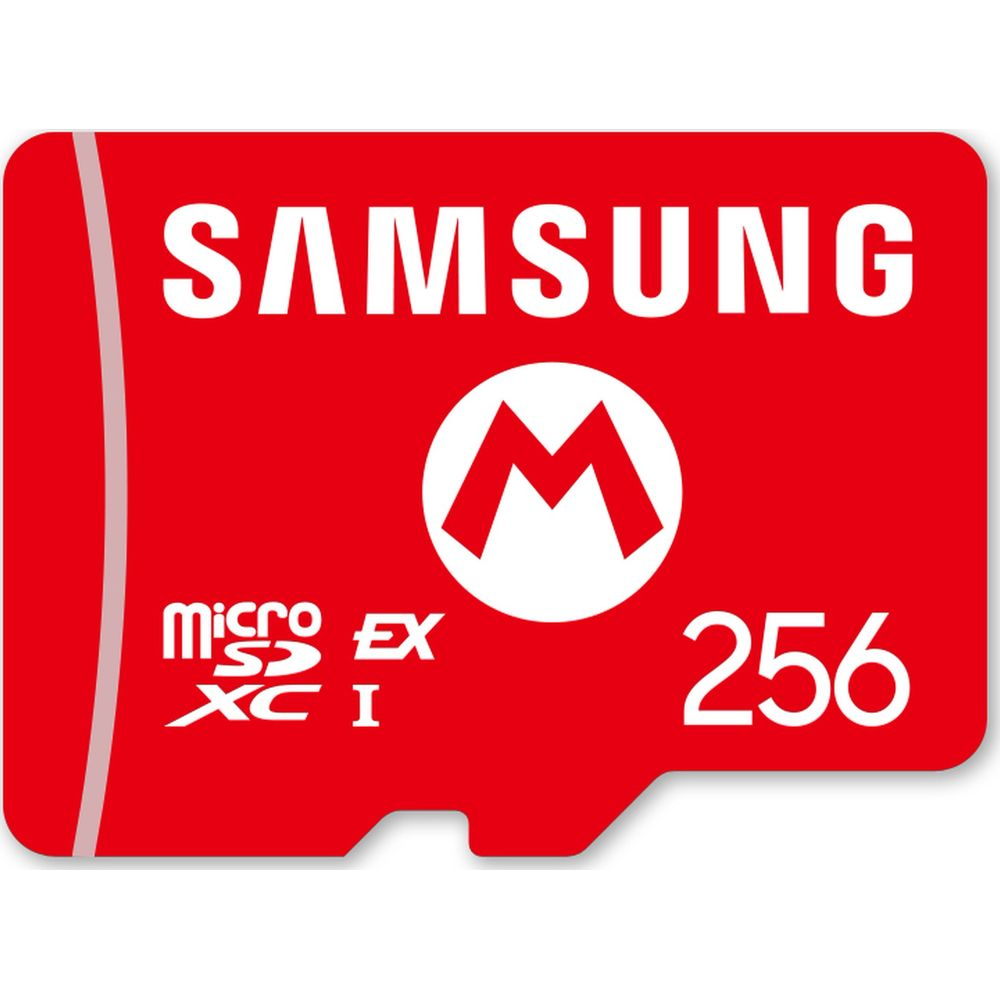 Czerwona karta Samsung microSDXC 256 GB z logo Mario.