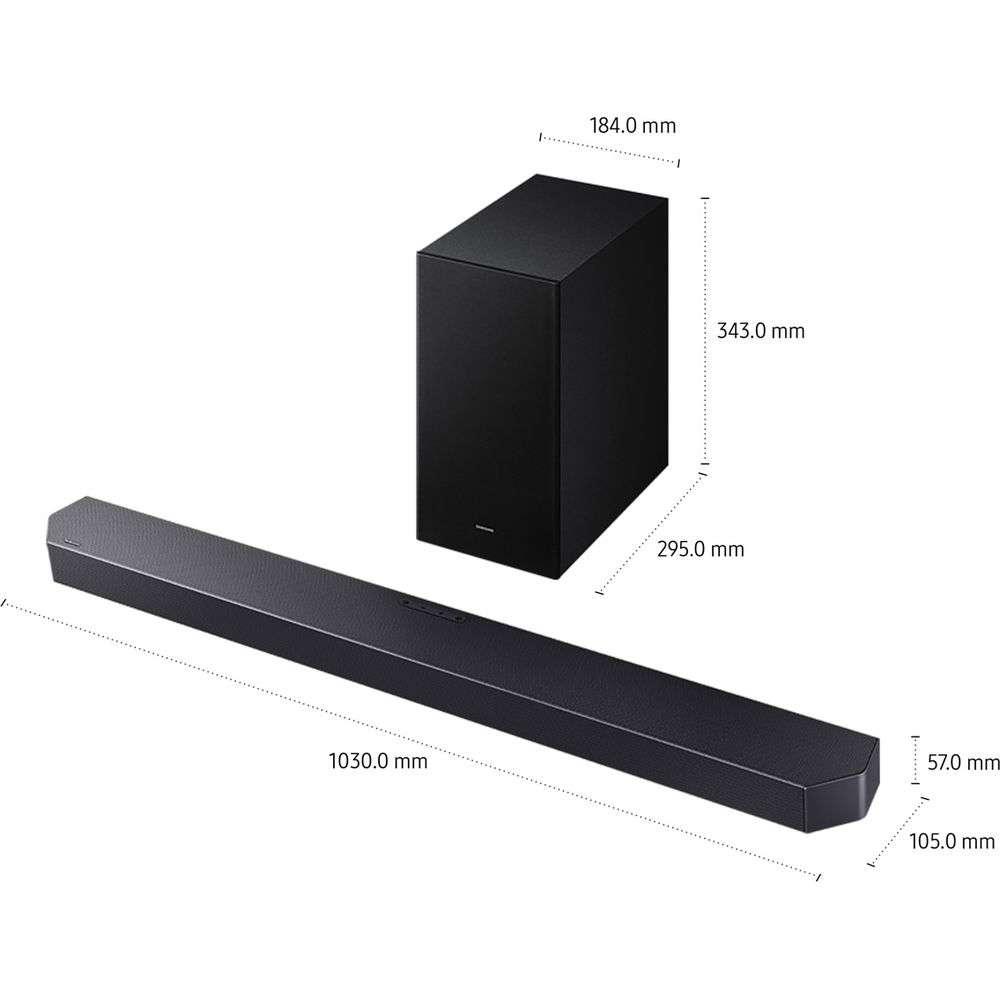 Schwarze Soundbar und Subwoofer mit Maßangaben in mm.