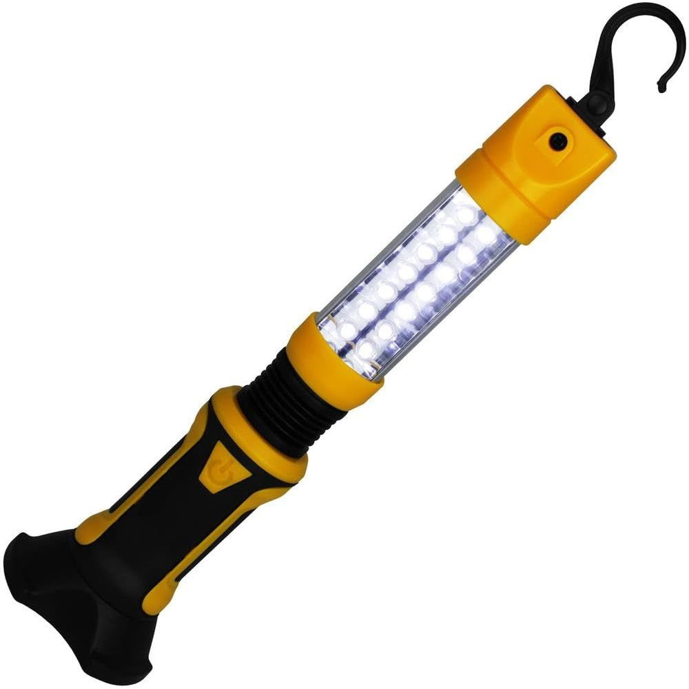 Una lampada da lavoro gialla e nera con LED e un gancio.