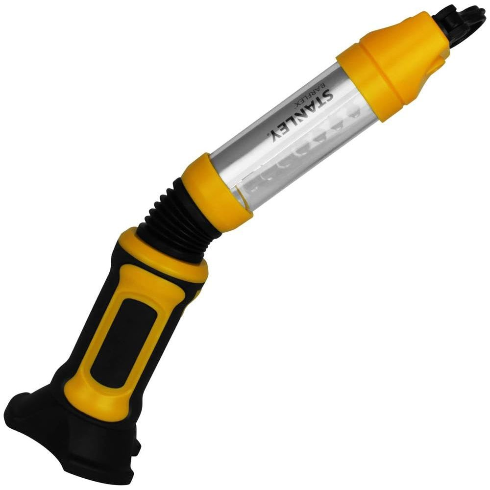 Una lampada da lavoro Stanley Barflex nera e gialla con tubo trasparente e connettore nero.