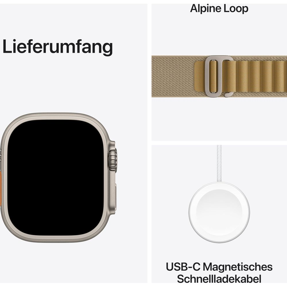 Lieferumfang: Smartwatch, Alpine Loop Armband, Ladekabel.