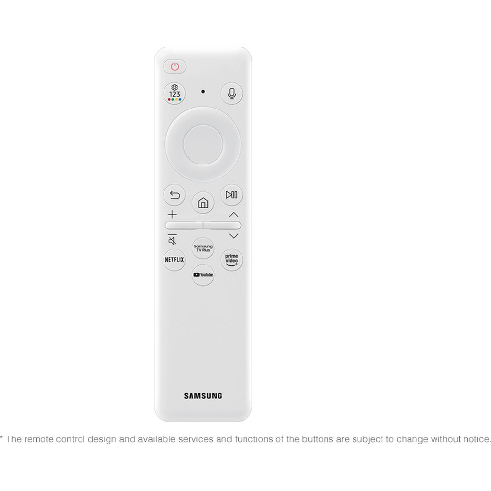 Biały pilot Samsung TV z okrągłą nawigacją, przyciskami aplikacji i regulatorami głośności.