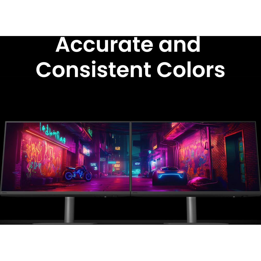 Dwa monitory pokazują neonową ulicę miasta z samochodami i motocyklem.