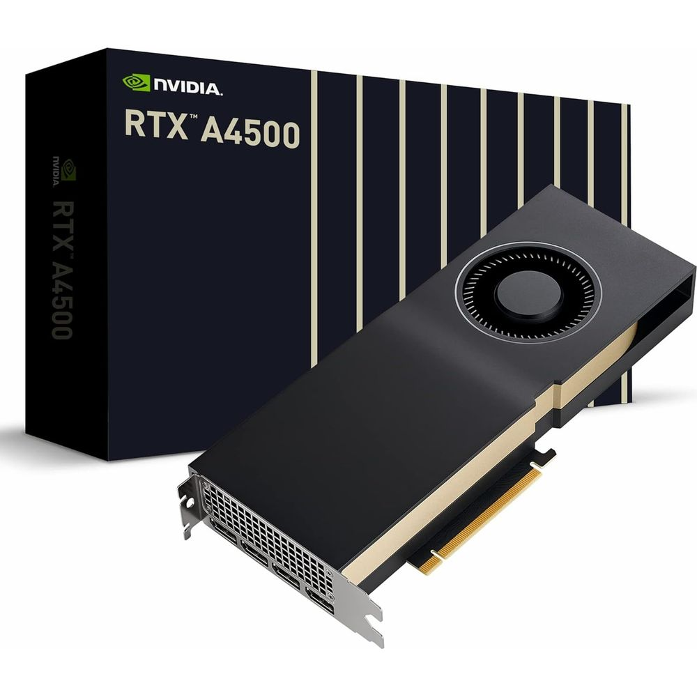 Karta graficzna Nvidia RTX A4500 obok pasującego czarnego pudełka z pionowymi liniami.