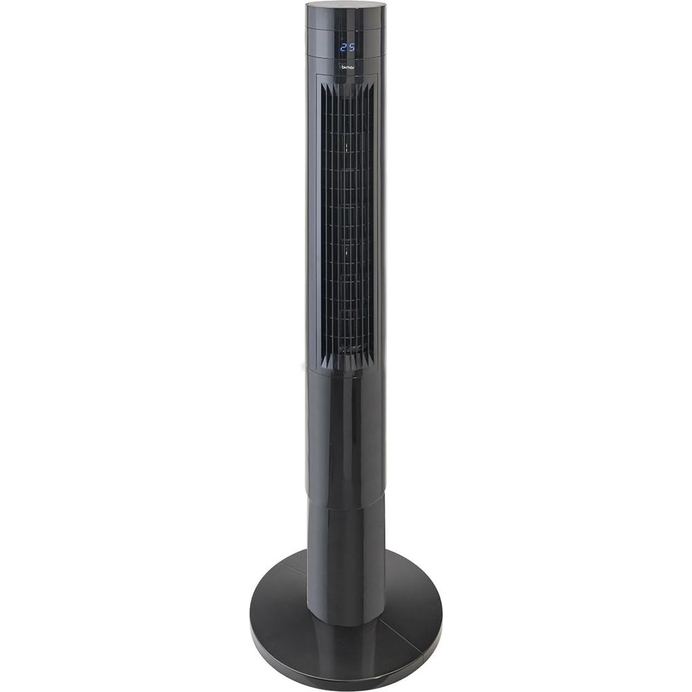 A sleek, black tower fan with a digital display stands on a round base.