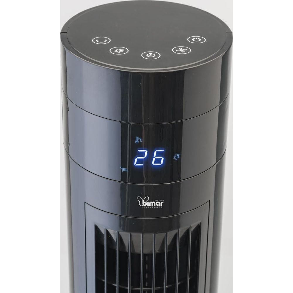 Black tower fan with digital display showing 26 degrees and Bimar logo.