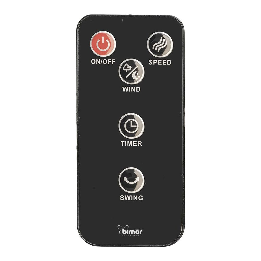 Black remote with On/Off, Speed, Wind, Timer, and Swing buttons. Bimar logo at bottom.