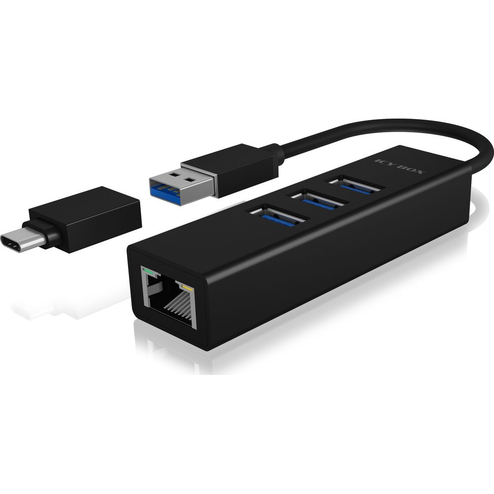 Hub USB-C nero con tre porte USB-A e una porta Ethernet.