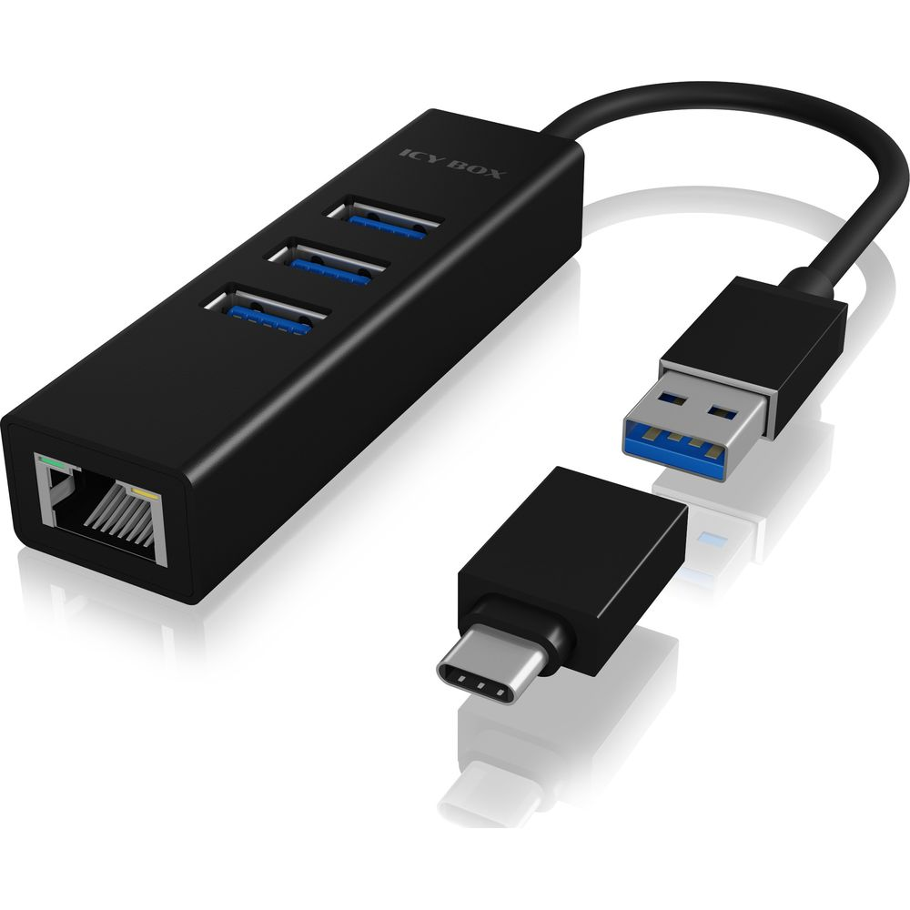 Hub USB-C nero con tre porte USB-A e una porta Ethernet.