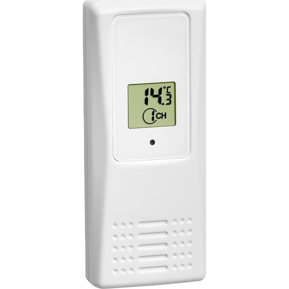 Ein weißes digitales Thermometer zeigt 14,3 Grad Celsius an.