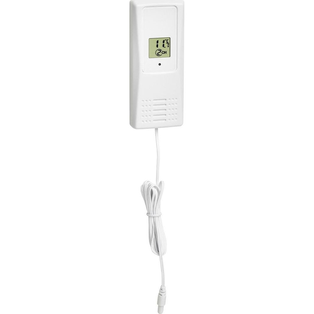 Ein weies digitale Thermometer mit Kabel und LCD-Anzeige.