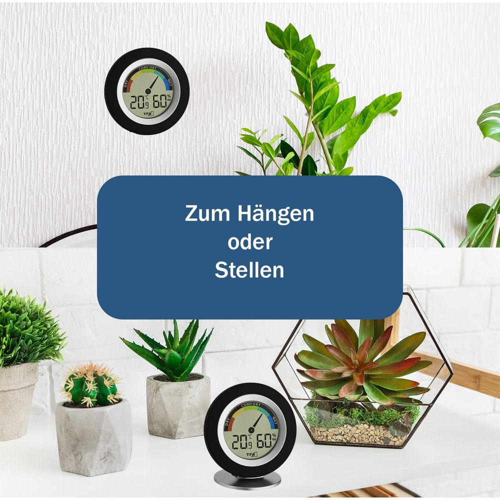 Zwei digitale Hygrometer zeigen 20°C und 60% Luftfeuchtigkeit an.