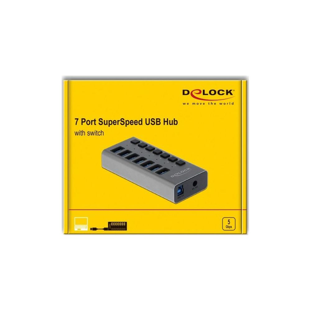 Grauer 7-Port USB-Hub mit Schalter und 5 Gbps, auf gelbem Karton.