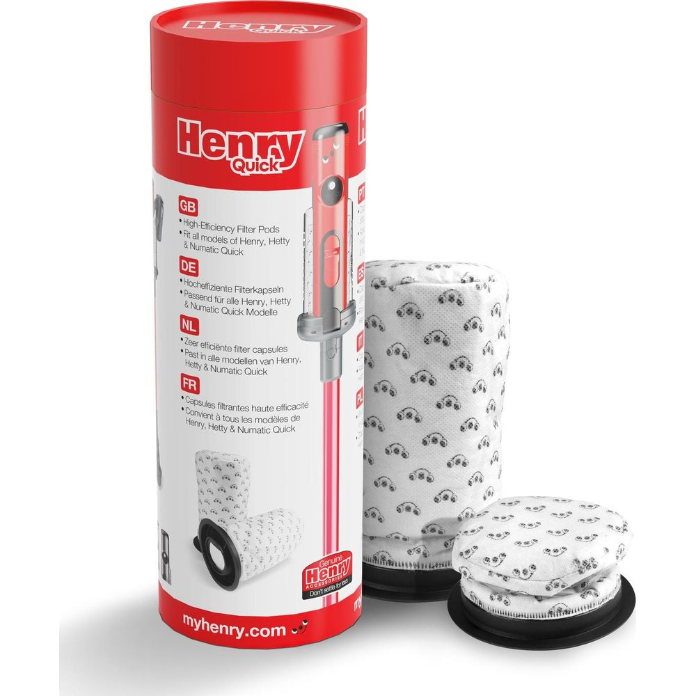 Rote Verpackung mit Henry Quick Logo. Filterkapseln liegen daneben.