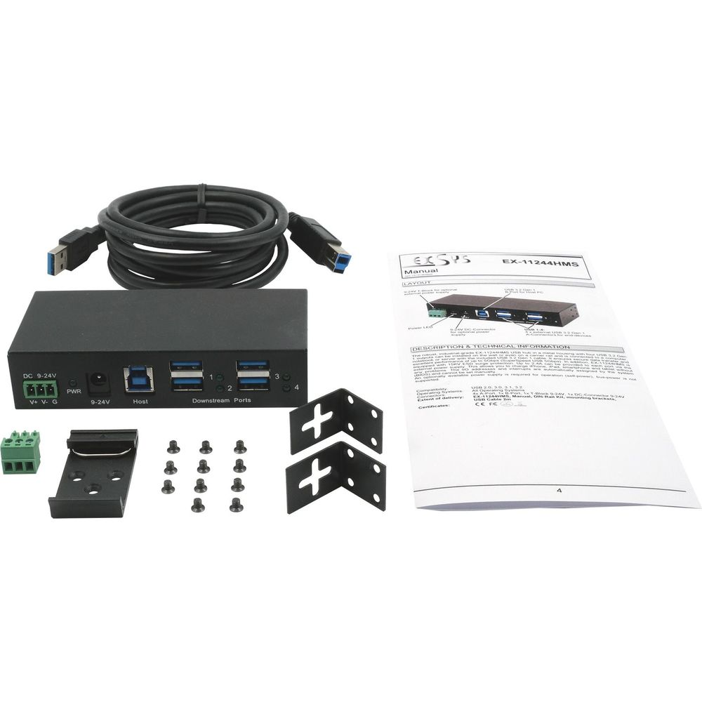 Un hub USB nero con cavo, manuale e accessori di montaggio su sfondo bianco.