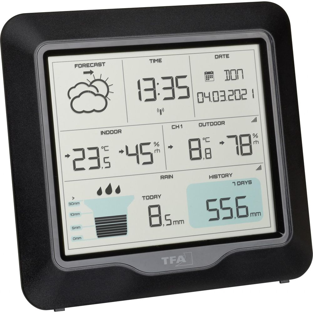 Digitale Wetterstation zeigt Zeit, Datum, Innen-/Außentemperatur und Regen an.