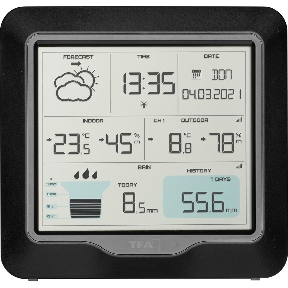 Digitales Wetterstation zeigt 23.5°C innen, 8.8°C außen, 45% Luftfeuchte, 8.5mm Regen.