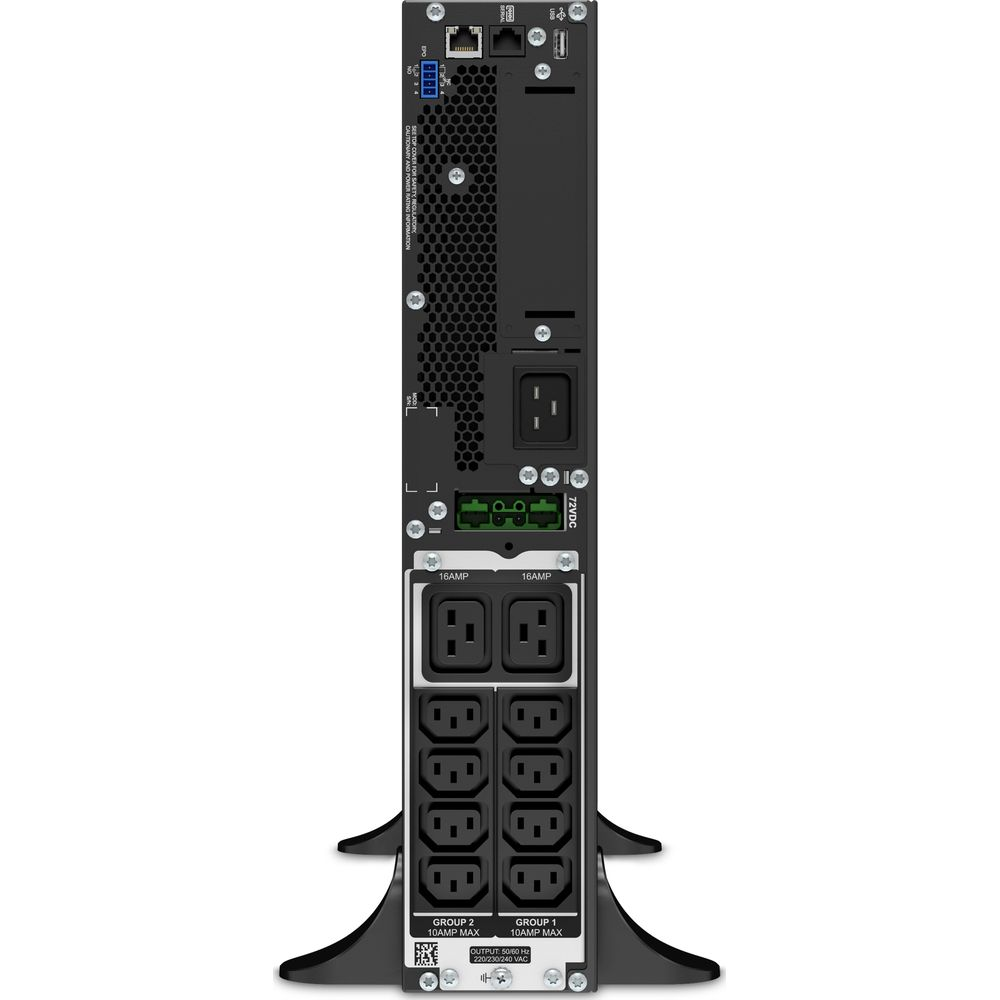 Arrière d'une unité UPS noire montrant plusieurs prises et ports.