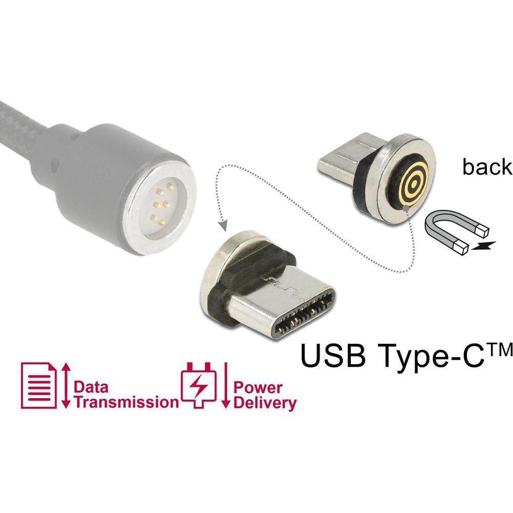 Adattatore USB-C magnetico con cavo e connettore per dati e alimentazione.