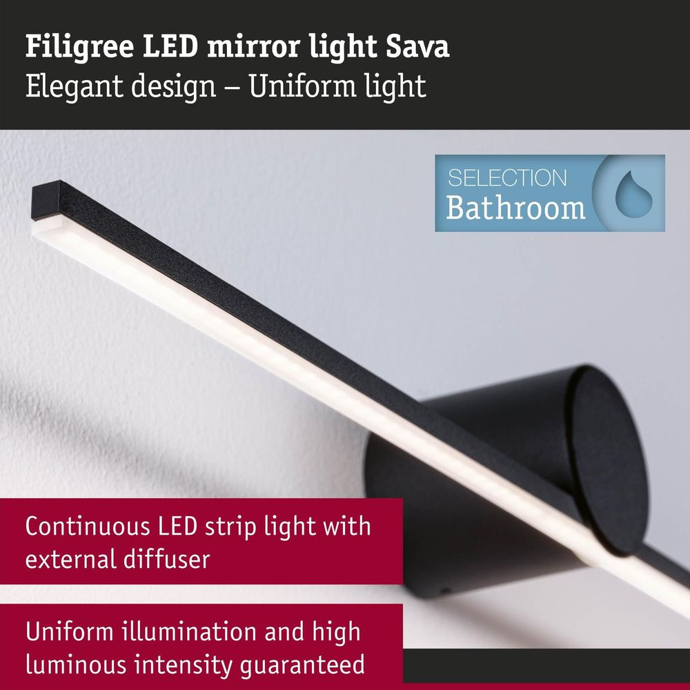 Schwarzer LED-Spiegel mit durchgehendem Lichtstreifen und Diffusor.
