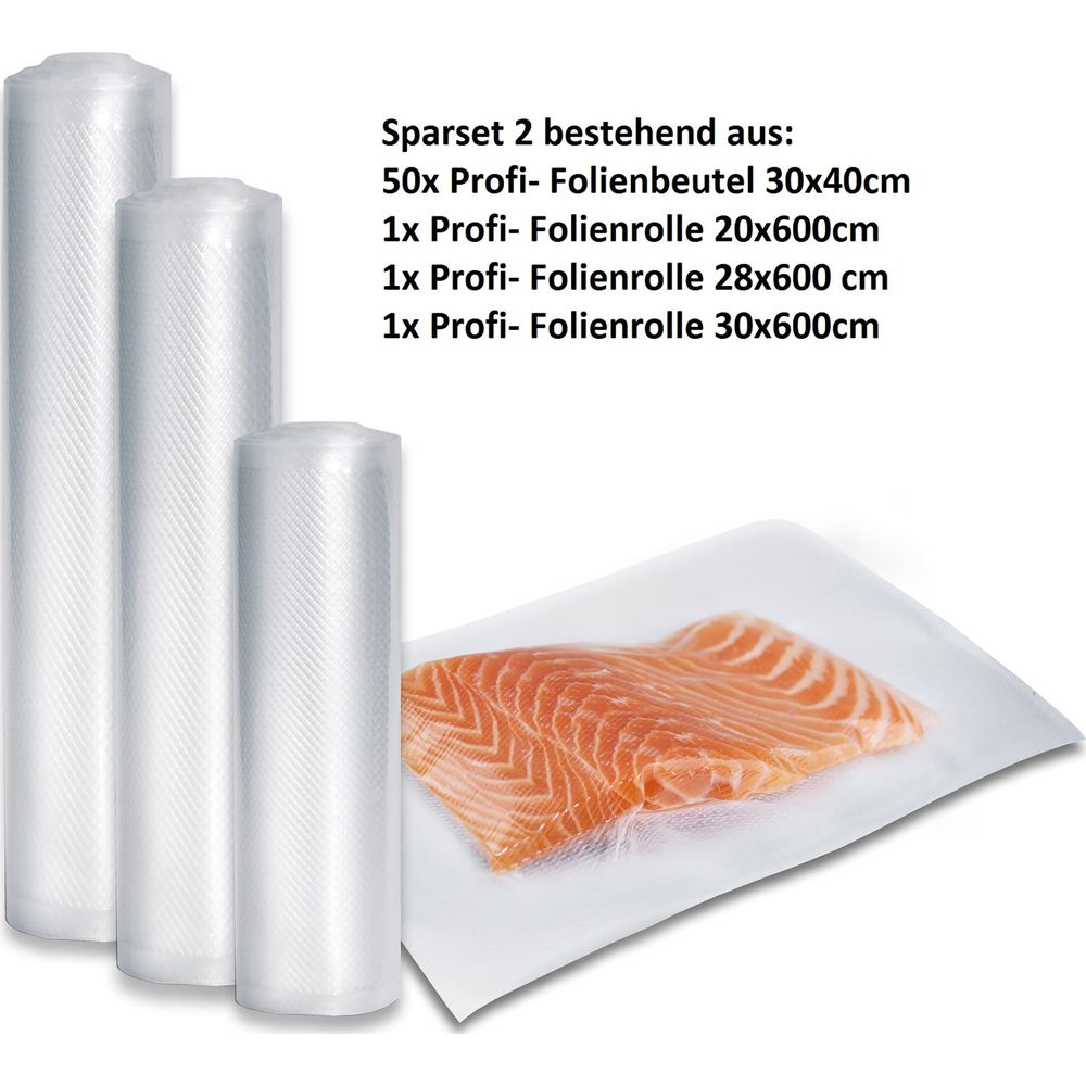 Drei Vakuumierrollen und ein Stück Lachs auf Folie.
