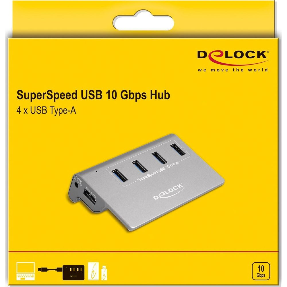 Silberner USB 10 Gbps Hub mit 4 Anschlüssen und Netzteilanschluss auf gelber Verpackung.