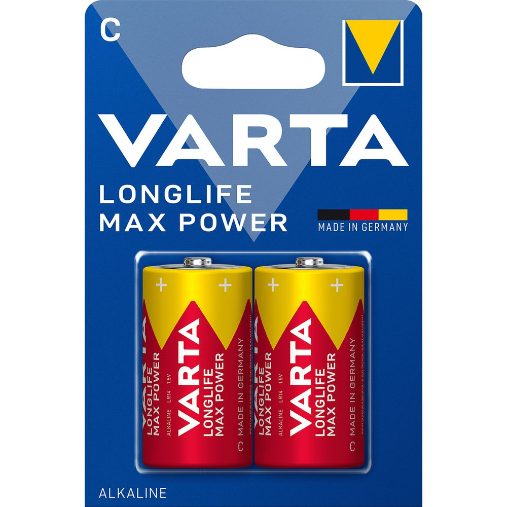 Zwei Varta C-Batterien in gelber und roter Verpackung mit Aufschrift 'Longlife Max Power'.