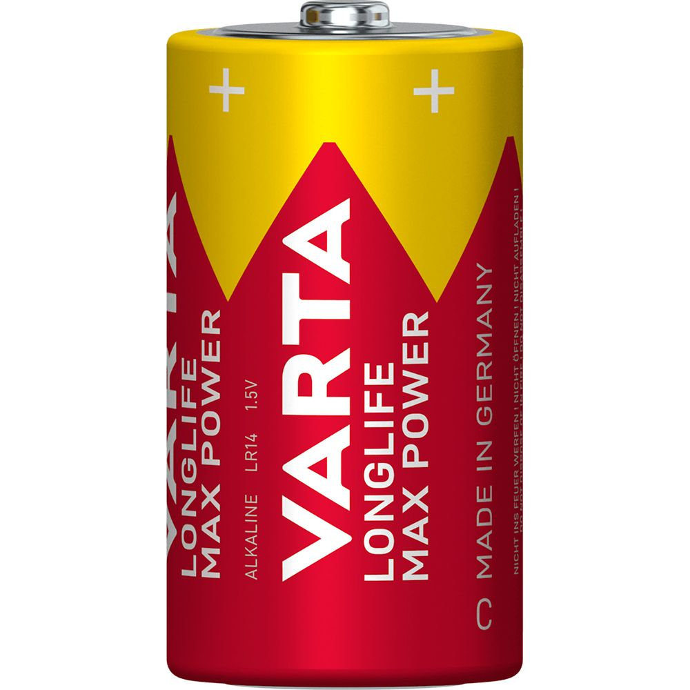 Varta Longlife Max Power Batterie, rot-gelb, mit Plus-Symbolen.