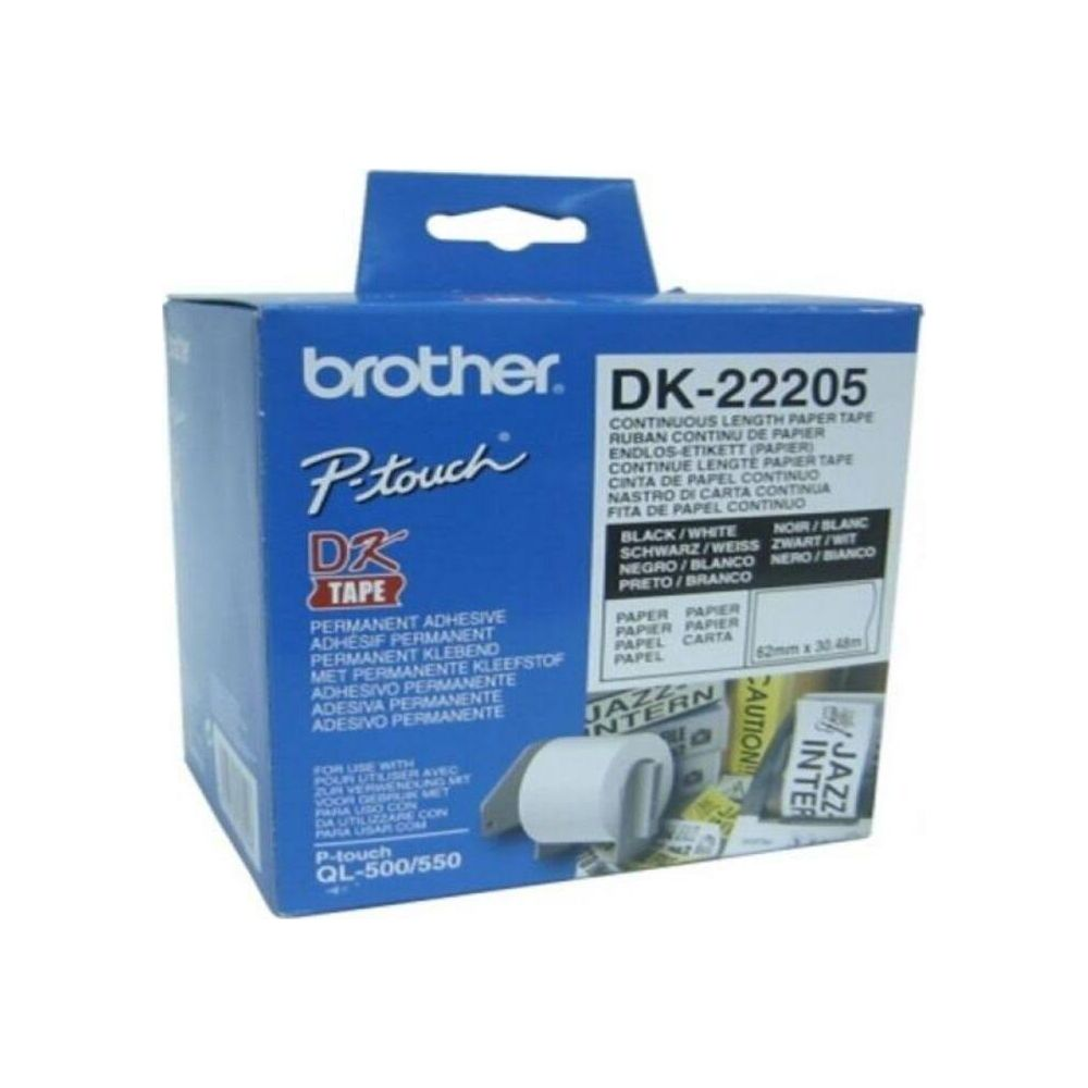 Una scatola di nastro per etichette Brother DK-22205, nera con scritte bianche.