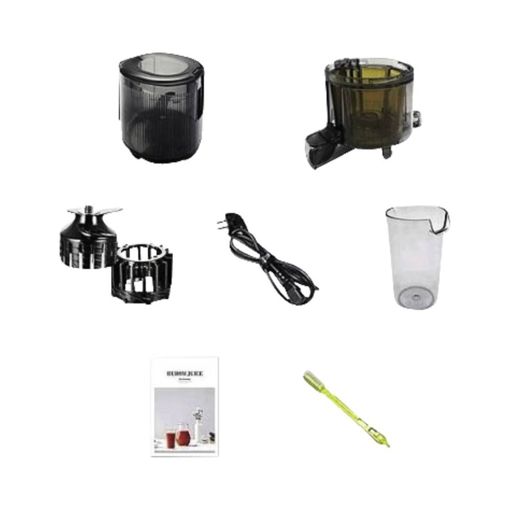 Teile eines Entsafters: Behälter, Klingen, Kabel, Becher, Anleitung, Bürste.