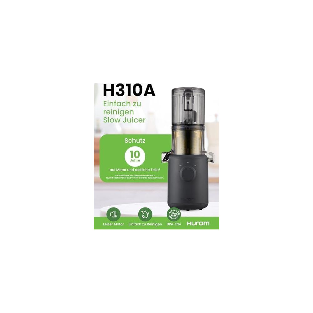 Ein schwarzer Hurom H310A Slow Juicer mit 10 Jahren Garantie auf Motor.
