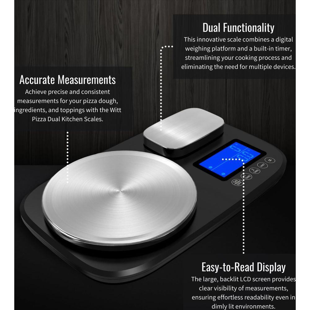 Una bilancia da cucina digitale con due piattaforme in acciaio inox e schermo LCD.