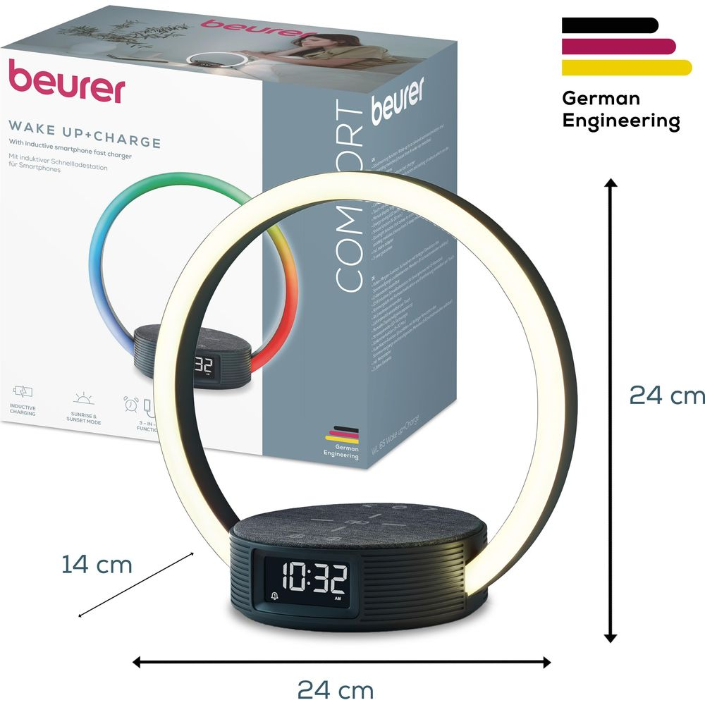 Sveglia Beurer Wake Up+Charge con caricatore a induzione, 24x24x14cm.