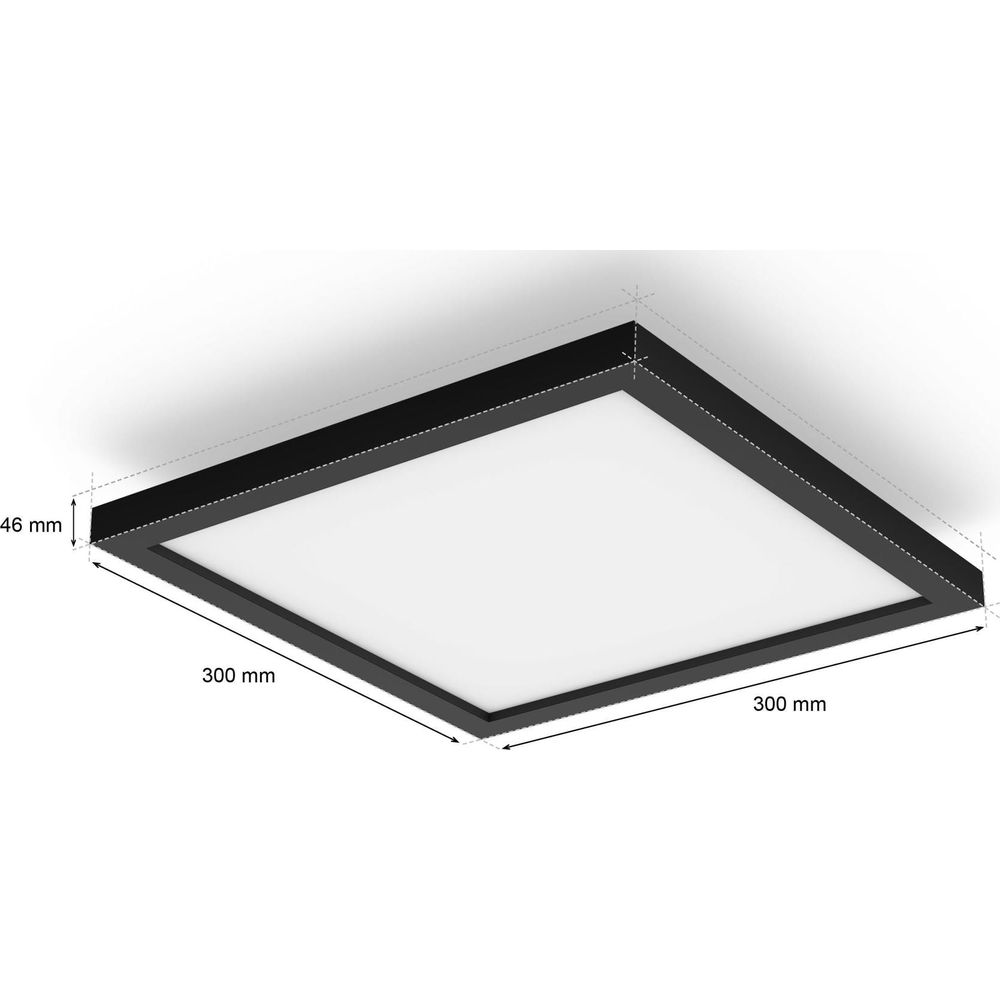 Plafoniera quadrata da incasso con cornice nera, 300x300 mm, profonda 46 mm.
