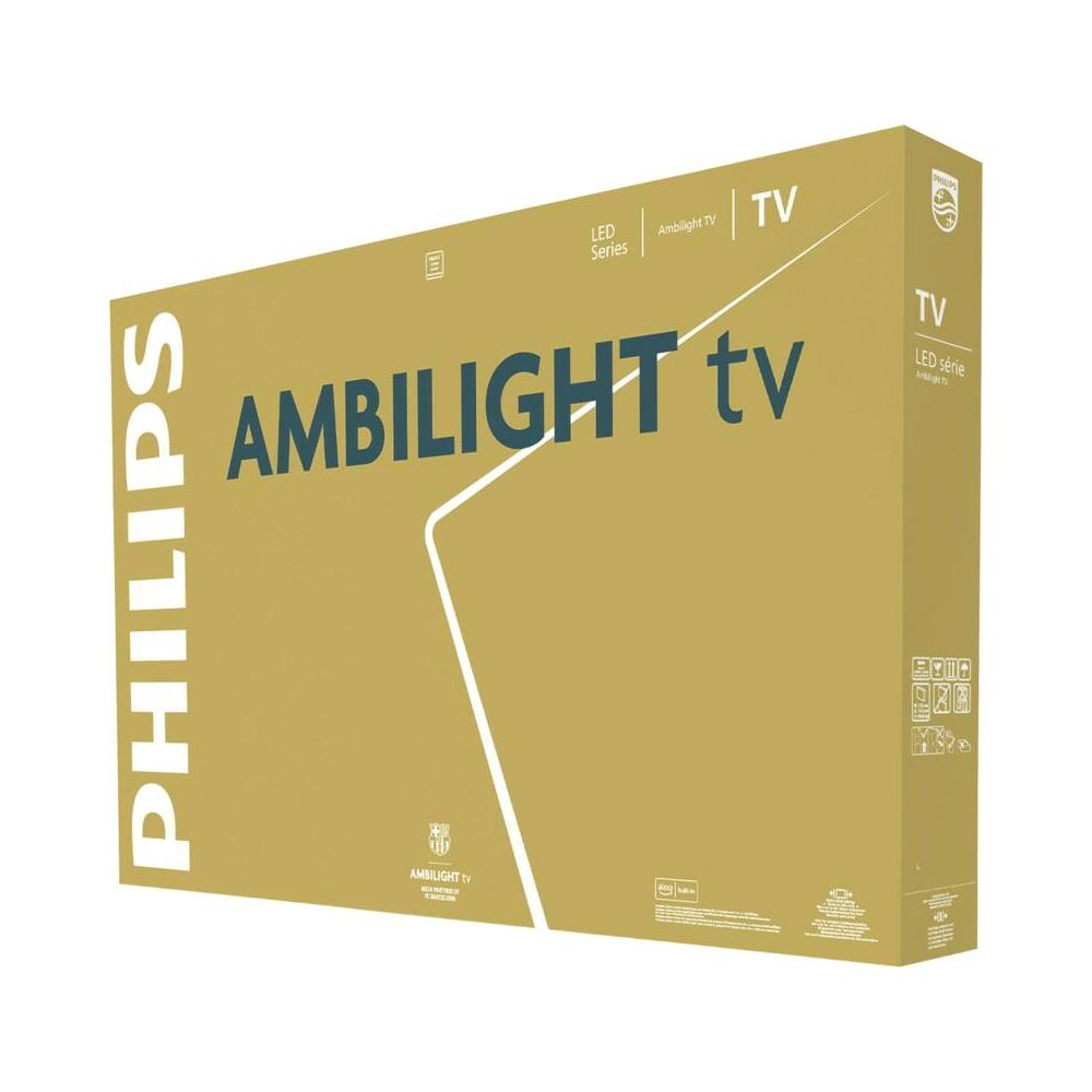 Philips Ambilight TV Karton mit Philips und Ambilight TV Schriftzug.
