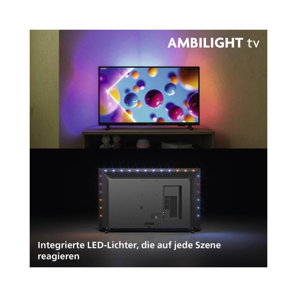 TV mit Ambilight-Technologie, zeigt bunte Bilder. Rückansicht mit LED-Lichtern.